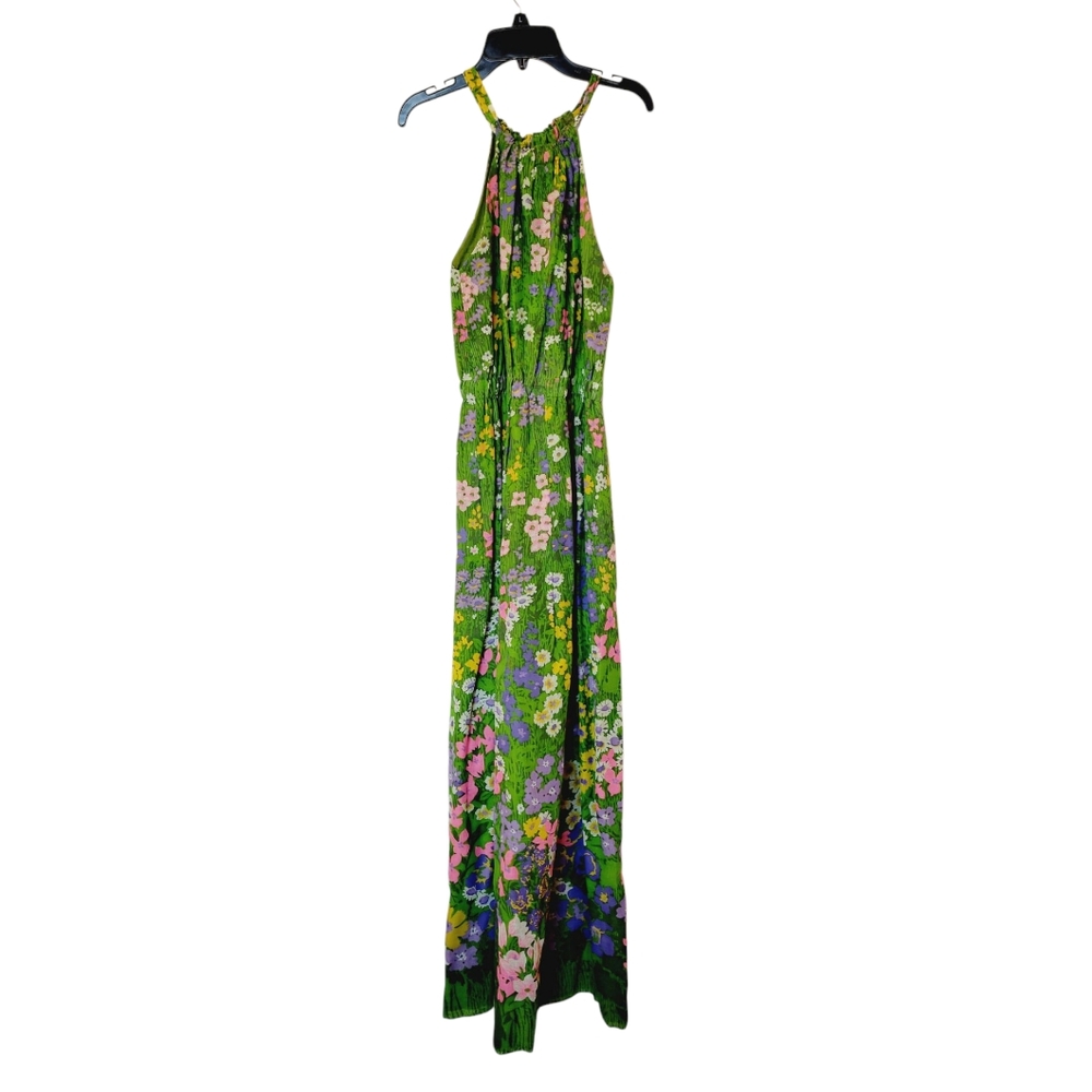 Vintage 70s Deep V Floral Green Maxi Dress - Picture 3 of 15